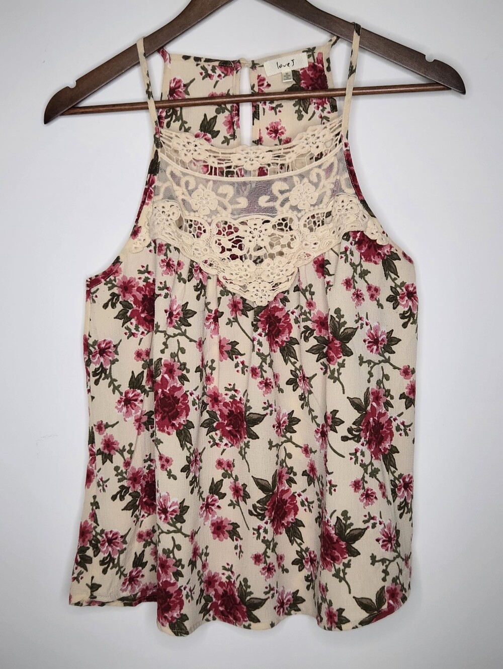 Love J Lovey Floral Tank Top with Crochet Lace Yoke - Cream & Deep Pink - M
